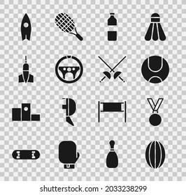 Set Rugby ball, Medal, Tennis, Bottle of water, Steering wheel, Dart arrow, Surfboard and Fencing icon. Vector