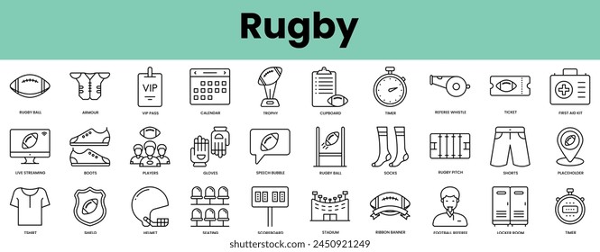 Set of rugby icons. Linear style icon bundle. Vector Illustration