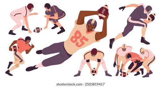 Conjunto de jugadores de Rugby. Los atletas con uniformes deportivos y cascos juegan fútbol americano, lanzando y atrapando pelota. Juego de deportes de equipo. Colección de Ilustración vectorial plana aislada sobre fondo blanco