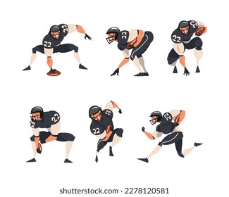 Set of rugby players running with ball. Male athletes in uniform in different actions cartoon vector illustration