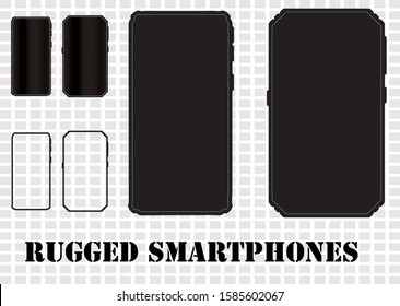 A set of rugged and tough design smartphones in outline, solid and reflective screen styles