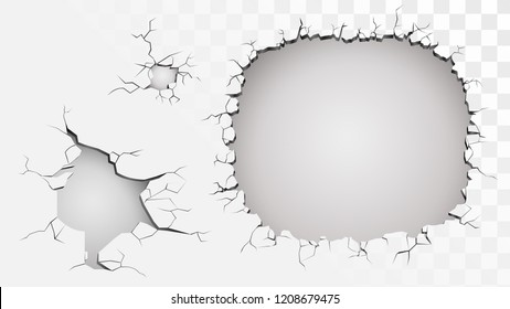 Set of ruined wall on a transparent background, holes and cracks in a wall