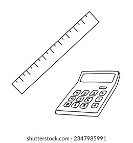 Conjunto de reglas e icono de calculadora aislados en blanco. Material escolar sencillo con dibujos a mano