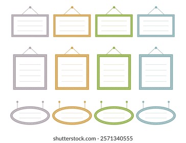 A set of ruled frames. You can write titles and text in them, or use them as message boards. Available in three different shapes and four colors.