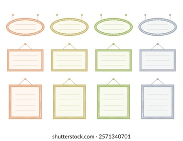 A set of ruled frames. You can write titles and text in them, or use them as message boards. Available in three different shapes and four colors.