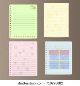 Set of ruled notebook paper sheets with stars and Christmas gift box designs on brown background