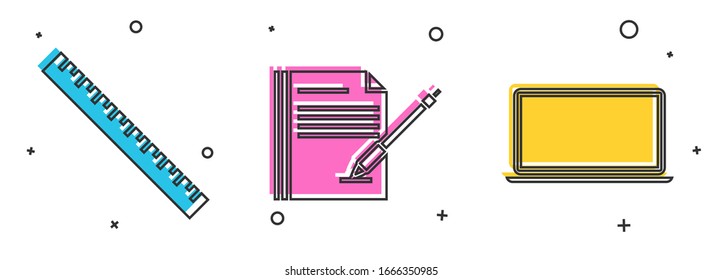 Set Ruler, Blank notebook and pen and Laptop icon. Vector