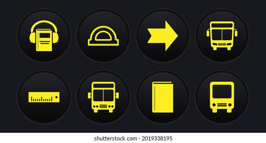 Set Ruler, Bus, Book, Arrow, Protractor grid,  and Audio book icon. Vector