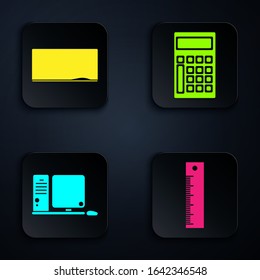 Set Ruler, Chalkboard, Computer monitor with keyboard and mouse and Calculator. Black square button. Vector
