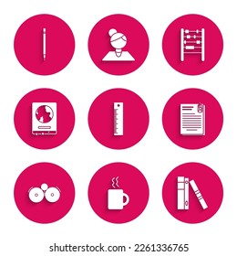 Set Ruler, Coffee cup, Office folders with papers and documents, File clip, Ringing alarm bell, World map on school blackboard, Abacus and Pencil eraser icon. Vector