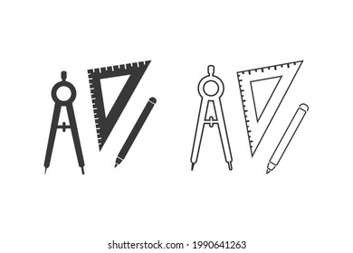 Conjunto de iconos de lápiz de brújula de regla en estilo plano. Signo de vector, establecido para arquitecto
