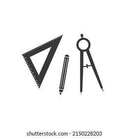 Set of ruler compasses pencil icon in flat style. Vector sign, set for architect