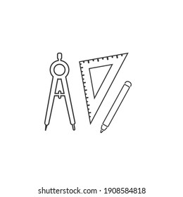 Set of ruler compasses pencil line icon in flat style. Vector sign, set for architect
