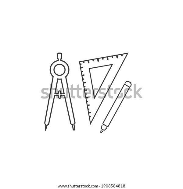 Set of ruler compasses pencil line icon in\
flat style. Vector sign, set for\
architect