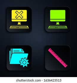 Set Ruler, Computer with keyboard and x mark, Folder settings with gears and Computer monitor with keyboard. Black square button. Vector
