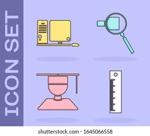 Set Ruler, Computer monitor with keyboard and mouse, Graduate and graduation cap and Magnifying glass icon. Vector