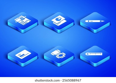 Set Ruler, Copy machine, Carton cardboard box, Business,  and Pencil with eraser icon. Vector