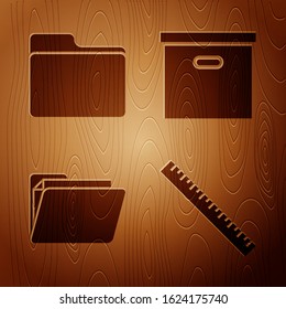 Set Ruler, Document folder, Document folder and Carton cardboard box on wooden background. Vector