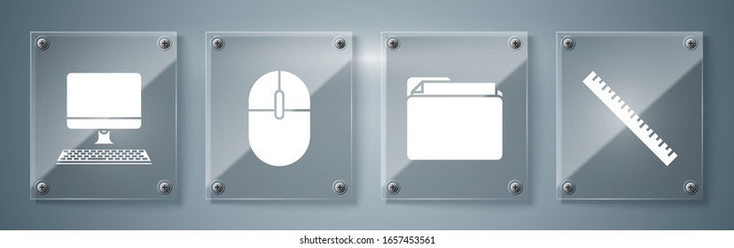 Set Ruler, Document folder, Computer mouse and Computer monitor with keyboard. Square glass panels. Vector