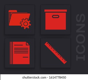 Set Ruler, Folder settings with gears, Carton cardboard box and File document icon. Vector