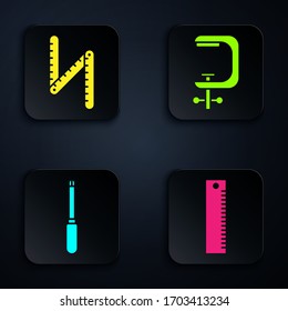 Set Ruler, Folding ruler, Screwdriver and Clamp and screw tool. Black square button. Vector