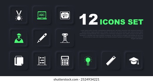 Definir Régua, Boné de graduação, Lápis com borracha, Lâmpada criativa ideia de luz, Graduação e graduação, Abacus, Laptop and Calculator icon. Vetor