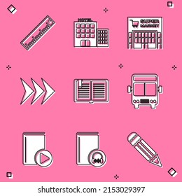 Set Ruler, Hotel building, Supermarket, Arrow, Open book, Bus, Audio and  icon. Vector