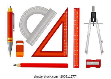 Conjunto de instrumentos de regla y equipos escolares aislados en fondo blanco. Colección de herramientas de ingeniero. Ruler, afilador de lápiz, pluma, brújula, lápiz y protractor. De vuelta a la escuela. Ilustración del vector