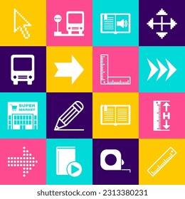 Set Ruler, Measuring height and length, Arrow, Audio book, Bus, Pixel arrow cursor and Folding ruler icon. Vector