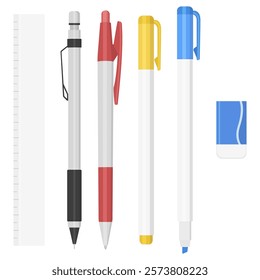 Set of Ruler, Mechanical pencil, Eraser, Highlighter, Ballpoint Pen