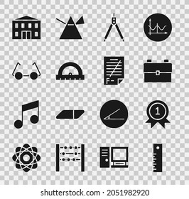 Set Ruler, Medal, School backpack, Drawing compass, Protractor, Glasses, building and Exam paper with incorrect answers icon. Vector