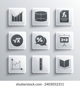 Set Ruler, Open Book, Chalkboard, Discount Prozent Tag, Graph, Plan, Diagramm, Diagramm, Square root of x glyph, und Funktion mathematische Symbol Symbol. Vektorgrafik