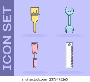 Set Ruler, Paint brush, Putty knife and Wrench spanner icon. Vector