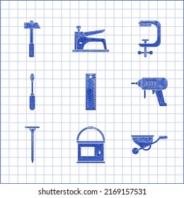 Set Ruler, Paint bucket, Wheelbarrow, Electric drill machine, Metallic nail, Screwdriver, Clamp and screw tool and Hammer icon. Vector