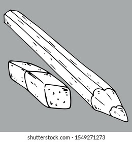 Set of ruler, pencil, erase icon. Vector illustration set of drawing instruments. Pencil, eraser, ruler for drawing. Hand drawn.