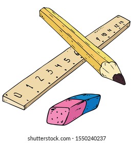Set of ruler, pencil, erase icon. Vector illustration set of drawing instruments. Pencil, eraser, ruler for drawing. Hand drawn.