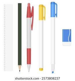 Set of Ruler, Pencil, Eraser, Highlighter, Ballpoint Pen