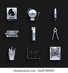 Set Ruler, Pie chart infographic, Exam paper with incorrect answers survey, Drawing compass, Pencil case stationery, Office folders papers and documents,  and World map school blackboard icon. Vector