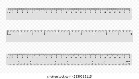 Set of ruler scale 25 cm and 10 inch vector design. Centimeter and inch scale for measuring