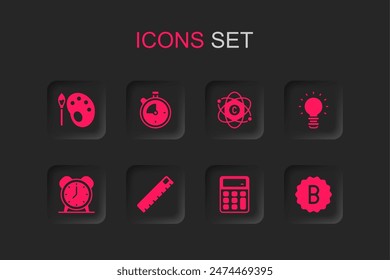 Set Ruler, Stopwatch, Paint brush with palette, Calculator, Creative lamp light idea, Exam paper incorrect answers, Atom and Alarm clock icon. Vector