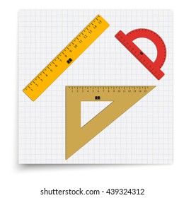 Set of ruler, triangle and a protractor lying on the sheet of paper. Student supplies image. Top view illustration.