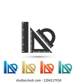 Set ruler, triangular ruler and protractor icon isolated on white background. Straightedge sign. Triangle sign. Geometrical instruments. Set elements in colored icons. Flat design. Vector Illustration