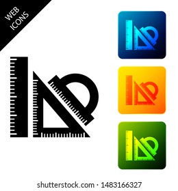 Set ruler, triangular ruler and protractor icon isolated on white background. Straightedge sign. Triangle sign. Geometrical instruments. Set icons colorful square buttons. Vector Illustration