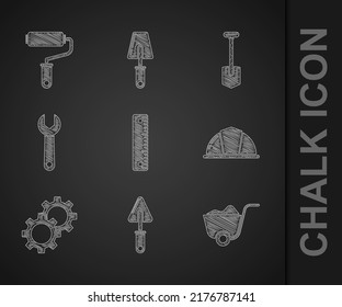 Set Ruler, Trowel, Shovel, Worker safety helmet, Gear, Wrench spanner,  and Paint roller brush icon. Vector