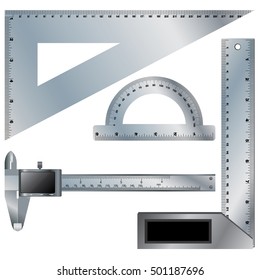 Set of ruler and Vernier caliper digital tool on white background.