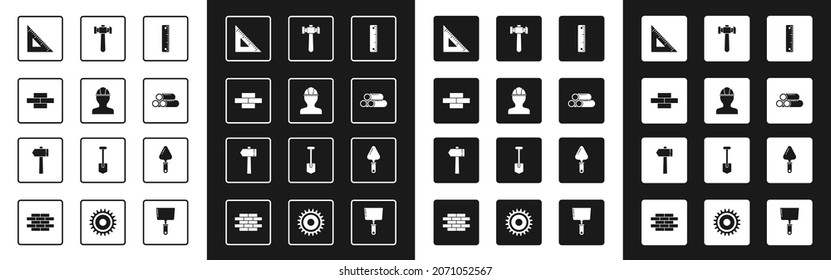 Set Ruler, Worker safety helmet, Bricks, Triangular ruler, Industry metallic pipe, Hammer, Trowel and  icon. Vector