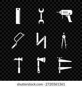 Set Lineal, Schraubenschlüssel Schraubenschlüssel, Elektrische Bohrmaschine, Klauenhammer, hölzerne Axt, Klemmwerkzeug, Hacksäge und Falzlineal Symbol. Vektorgrafik