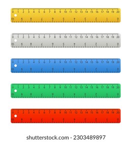 Poner a los gobernantes 20 centímetros aislados en blanco. Herramienta de medición. Suministros escolares. Regla aislada de amarillo plástico con doble cara que mide pulgadas y centímetros. Ilustración del vector