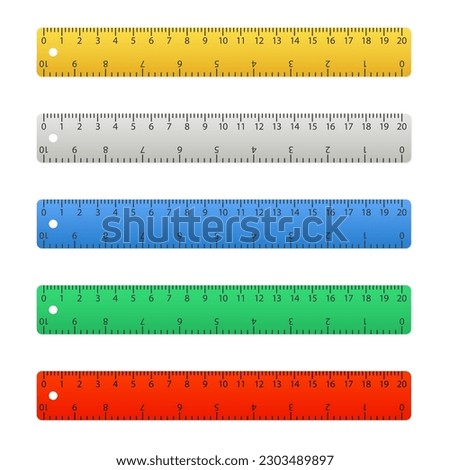 Set Rulers 20 centimeters with isolated on white. Measuring tool. School supplies. Plastic yellow insulated ruler with double side measuring inches and centimeters. Vector illustration