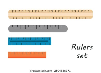 Set of rulers of different sizes and colors. Iron, plastic, wooden rulers for school subjects. Stationery. Vector illustration on a white background.